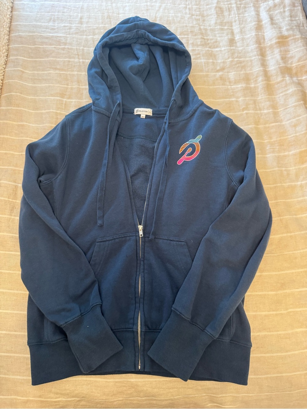 Peloton Navy Blue Zip Hoodie with Rainbow Logo